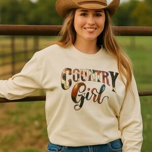 COUNTRY Girl Long Sleeve Shirt – Cow Print Graphic Tee, Western Boho Rural Style